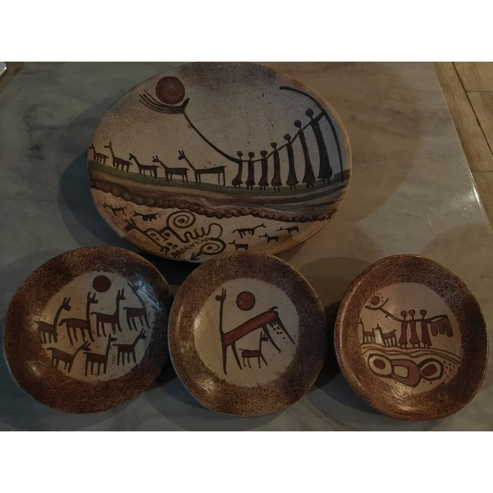 Handmade Clay Plates Set – Argentina Folk Art Pottery – Tribal Style – Llamas &